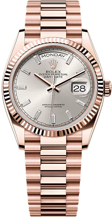 Rolex Day-Date 36 36mm Silver Diamond-Set Dial Fluted Bezel President Bracelet - 128235 | 2024 Model