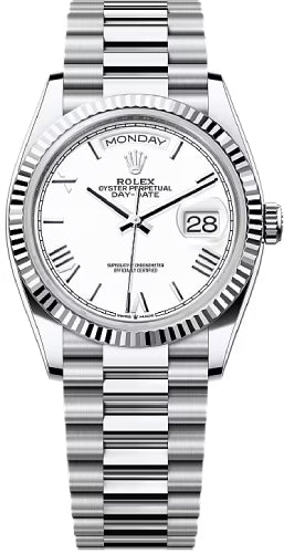 Rolex Day-Date 36 36mm White Dial Fluted Bezel President Bracelet - 128236 | 2024 Model