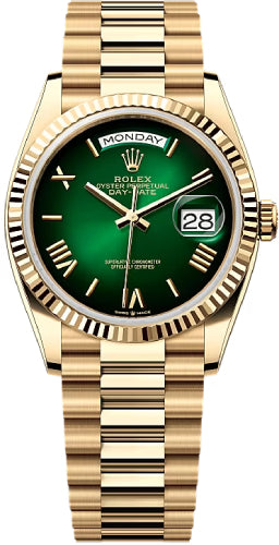 Rolex Day-Date 36 36mm Green Ombré Dial Fluted Bezel President Bracelet - 128238 | 2024 Model