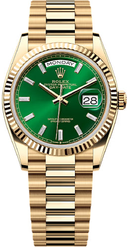 Rolex Day-Date 36 36mm Bright Green Diamond-set Dial Fluted Bezel President Bracelet - 128238 | 2024 Model