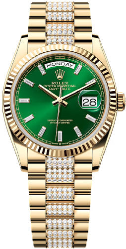 Rolex Day-Date 36 36mm Bright Green Diamond-Set Dial Fluted Bezel with Diamond-Set President Bracelet - 128238 | 2024 Model