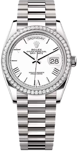 Rolex Day-Date 36 36mm White Dial Diamond-Set Bezel President Bracelet - 128349RBR | 2024 Model