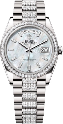 Rolex Day-Date 36 36mm White MOP Diamond-Set Dial Diamond-Set Bezel with Diamond-Set President Bracelet - 128349RBR | 2024 Model