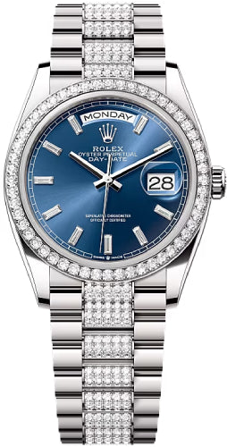 Rolex Day-Date 36 36mm Bright Blue Diamond-Set Dial Diamond-Set Bezel with Diamond-Set President Bracelet - 128349RBR | 2024 Model