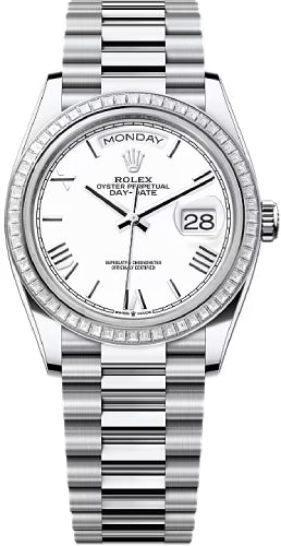 Rolex Day-Date 36 36mm White Roman Dial Diamond-Set Bezel President Bracelet - 128396TBR | 2024 Model