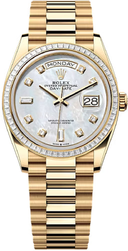 Rolex Day-Date 36 36mm White MOP Diamond Dial Diamond-Set Bezel President Bracelet - 128398TBR | 2024 Model