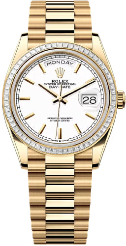 Rolex Day-Date 36 36mm White Stick Dial Diamond-Set Bezel President Bracelet - 128398TBR | 2024 Model