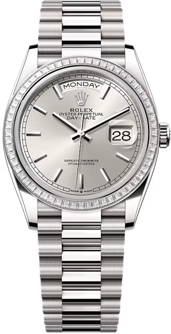 Rolex Day-Date 36 36mm Silver Stick Dial Diamond-Set Bezel President Bracelet - 128399TBR | 2024 Model