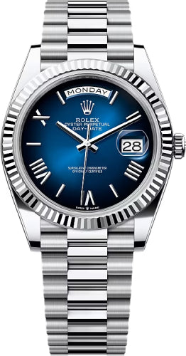 Rolex Day-Date 40 40mm Blue Ombré Roman Dial Fluted Bezel President Bracelet - 228236 | 2024 Model