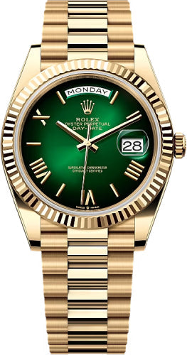 Rolex Day-Date 40 40mm Green Ombré Roman Dial Fluted Bezel President Bracelet - 228238 | 2024 Model