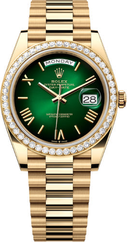 Rolex Day-Date 40 40mm Green Ombré Dial Diamond Set Bezel President Bracelet - 228348RBR | 2024 Model