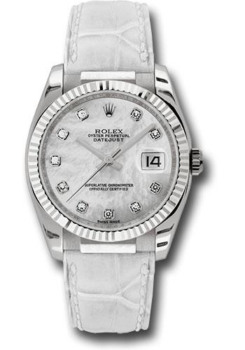 Rolex White Gold Datejust 36 Watch - Fluted Bezel - Mother-Of-Pearl Diamond Dial - Leather - 116139 mdw