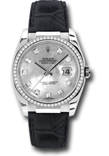 Rolex White Gold Datejust 36 Watch - 60 Diamond Bezel - Mother-Of-Pearl Diamond Dial - Leather - 116189 md