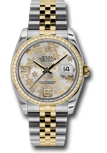 Rolex Steel and Yellow Gold Rolesor Datejust 36 Watch - 52 Brilliant-Cut Diamond Bezel - Silver Floral Arabic Dial - Jubilee Bracelet - 116243 sfaj