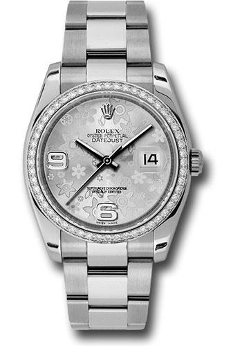 Rolex Steel and White Gold Datejust 36 Watch - 52 Diamond Bezel - Silver Floral Arabic Dial - Oyster Bracelet - 116244  sfao