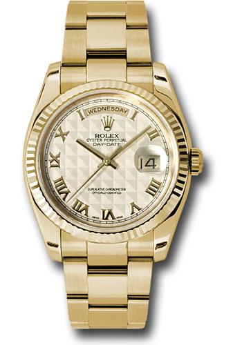 Rolex Yellow Gold Day-Date 36 Watch - Fluted Bezel - Ivory Pyramid Roman Dial - Oyster Bracelet - 118238 ipro