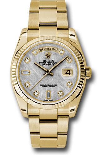 Rolex Yellow Gold Day-Date 36 Watch - Fluted Bezel - Meteorite Diamond Dial - Oyster Bracelet - 118238 mtdo