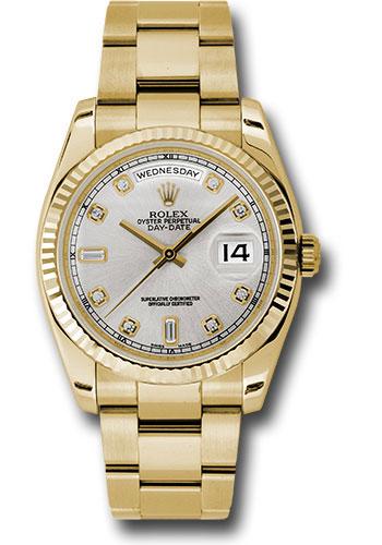 Rolex Yellow Gold Day-Date 36 Watch - Fluted Bezel - Silver Diamond Dial - Oyster Bracelet - 118238 sdo