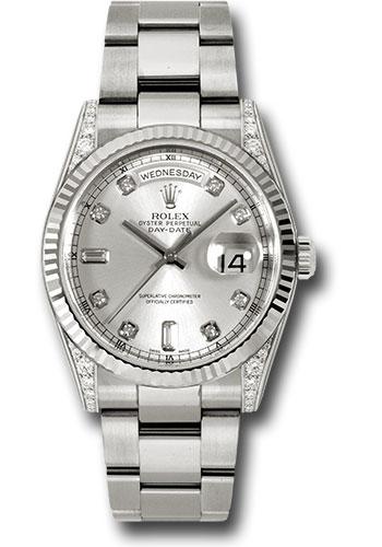 Rolex White Gold Day-Date 36 Watch - Fluted Bezel - Silver Diamond Dial - Oyster Bracelet - 118339 sdo