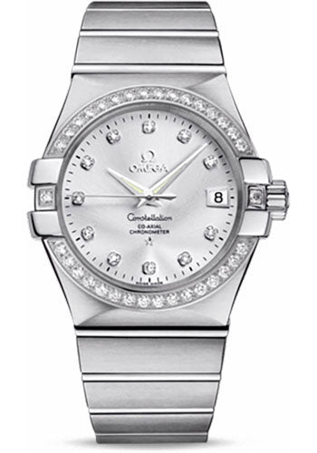 Omega Gents Constellation Chronometer Watch - 35 mm Brushed Steel Case - Diamond Bezel - Silver Diamond Dial - 123.15.35.20.52.001