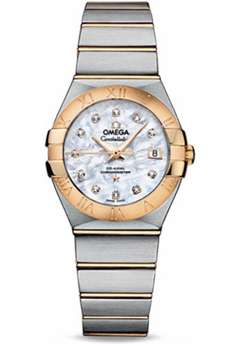 Omega Ladies Constellation Chronometer Watch - 27 mm Brushed Steel And Yellow Gold Case - Mother-Of-Pearl Diamond Dial - 123.20.27.20.55.003
