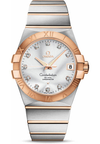 Omega Gents Constellation Chronometer Watch - 38 mm Brushed Steel And Red Gold Case - Silver Diamond Dial - 123.20.38.21.52.001
