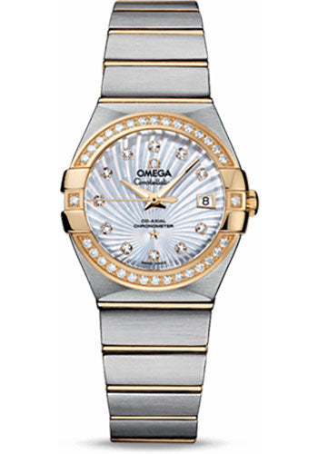 Omega Ladies Constellation Chronometer Watch - 27 mm Brushed Steel And Yellow Gold Case - Diamond Bezel - Mother-Of-Pearl Supernova Diamond Dial - 123.25.27.20.55.002