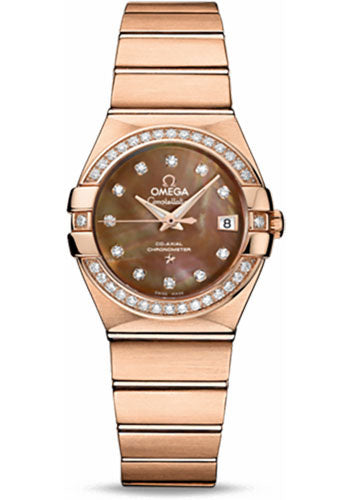 Omega Ladies Constellation Chronometer Watch - 27 mm Brushed Red Gold Case - Diamond Bezel - Dark Mother-Of-Pearl Diamond Dial - 123.55.27.20.57.001