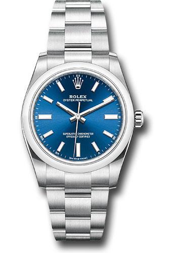Rolex Oyster Perpetual 34 Watch - Domed Bezel - Blue Index Dial - Oyster Bracelet - 2020 Release - 124200 bluio