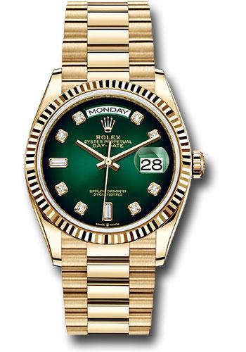 Rolex Yellow Gold Day-Date 36 Watch - Fluted Bezel - Green Ombre´ Diamond Dial - President Bracelet - 128238 godp