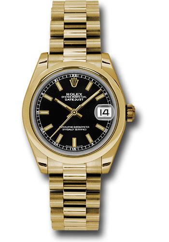 Rolex Yellow Gold Datejust 31 Watch - Domed Bezel - Black Concentric Circle Index Dial - President Bracelet - 178248 bkip
