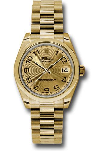 Rolex Yellow Gold Datejust 31 Watch - Domed Bezel - Champagne Concentric Circle Arabic Dial - President Bracelet - 178248 chcap