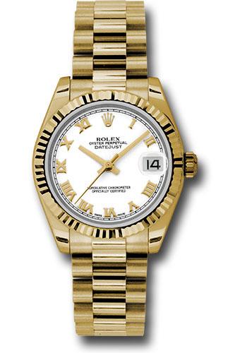 Rolex Yellow Gold Datejust 31 Watch - Fluted Bezel - White Roman Dial - President Bracelet - 178278 wrp