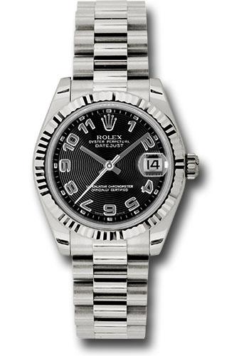 Rolex White Gold Datejust 31 Watch - Fluted Bezel - Black Concentric Circles Arabic Dial - President Bracelet - 178279 bkcap