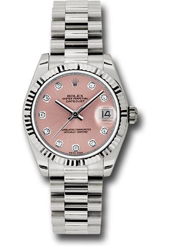 Rolex White Gold Datejust 31 Watch - Fluted Bezel - Pink Diamond Dial - President Bracelet - 178279 pdp