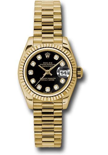 Rolex Yellow Gold Lady-Datejust 26 Watch - Fluted Bezel - Black Diamond Dial - President Bracelet - 179178 bkdp