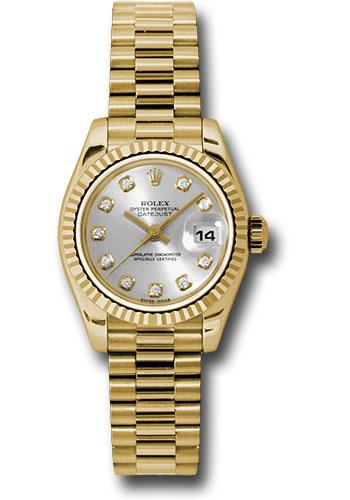 Rolex Yellow Gold Lady-Datejust 26 Watch - Fluted Bezel - Silver Diamond Dial - President Bracelet - 179178 sdp
