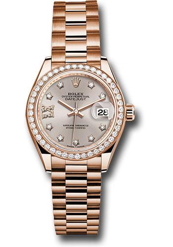 Rolex Everose Gold Lady-Datejust 28 Watch - 44 Diamond Bezel - Silver Sundust Diamond Star Dial - President Bracelet - 279135RBR s9dix8dp