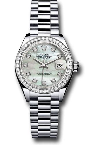 Rolex Platinum Lady-Datejust 28 Watch - 44 Diamond Bezel - Mother-of-Pearl Diamond Dial - President Bracelet - 279136RBR mdp