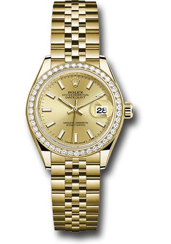 Rolex Yellow Gold Lady-Datejust 28 Watch - 44 Diamond Bezel - Champagne Index Dial - Jubilee Bracelet - 279138RBR chij