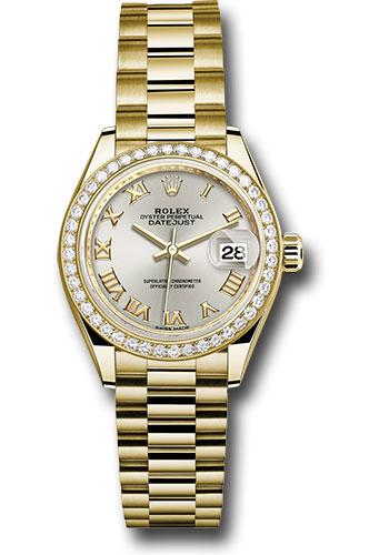 Rolex Yellow Gold Lady-Datejust 28 Watch - 44 Diamond Bezel - Silver Roman Dial - President Bracelet - 279138RBR srp