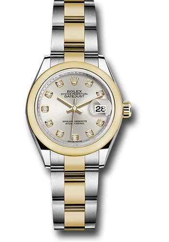 Rolex Steel and Yellow Gold Rolesor Lady-Datejust 28 Watch - Domed Bezel - Silver Diamond Dial - Oyster Bracelet - 279163 sdo