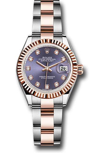 Rolex Steel and Everose Gold Rolesor Lady-Datejust 28 Watch - Fluted Bezel - Aubergine Diamond Dial - Oyster Bracelet - 279171 audo