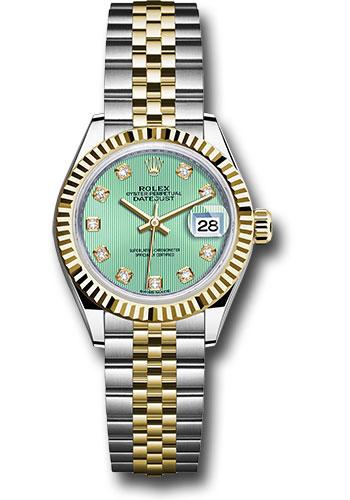 Rolex Steel and Yellow Gold Rolesor Lady-Datejust 28 Watch - Fluted Bezel - Mint Green Diamond Dial - Jubilee Bracelet - 279173 mgdj