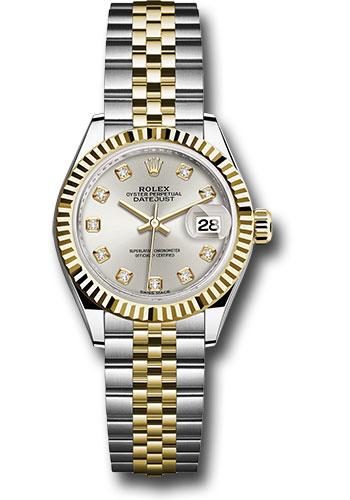 Rolex Steel and Yellow Gold Rolesor Lady-Datejust 28 Watch - Fluted Bezel - Silver Diamond Dial - Jubilee Bracelet - 279173 sdj