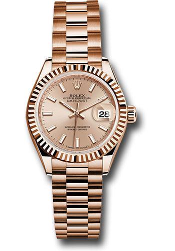 Rolex Everose Gold Lady-Datejust 28 Watch - Fluted Bezel - Pink Sundust Index Dial - President Bracelet - 279175 pip