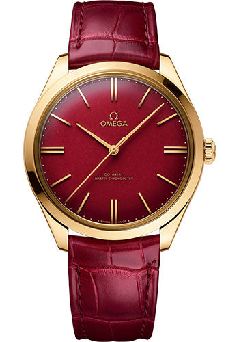 Omega De Ville Tresor Co-Axial Master Chronometer 125th Anniversary Edition Watch - 40 mm Yellow Gold Case - Rare Red Enamel Dial - Burgundy Leather Strap - 435.53.40.21.11.001