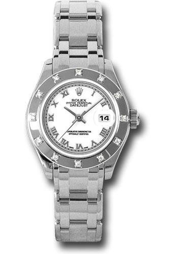 Rolex White Gold Lady-Datejust Pearlmaster 29 Watch - 12 Diamond Bezel - White Roman Dial - 80319 wr