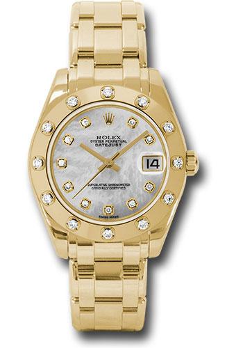 Rolex Yellow Gold Datejust Pearlmaster 34 Watch - 12 Diamond Bezel - White Mother-Of-Pearl Diamond Dial - 81318 md