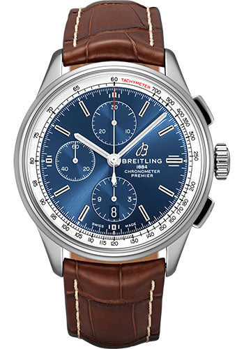 Breitling Premier Chronograph Watch - 42mm Steel Case - Blue Dial - Brown Croco Strap - A13315351C1P1